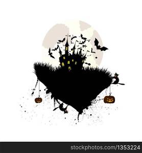 Happy Halloween Greeting Card. Elegant Design With Castle, Bats, Owl, Pumpkins and Cats Over Grunge Green Background With Ink Blots. Vector illustration.