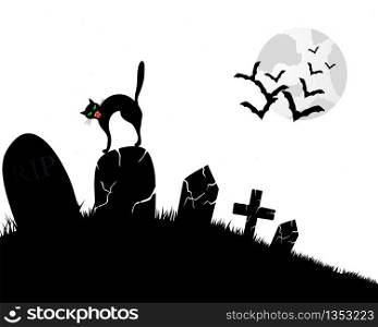 Happy Halloween Greeting Card. Elegant Design With Cemetery, Cat on Grave, Moon on Starry Sky and Silhouettes of Flying Bats. Vector illustration.