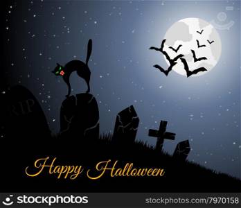 Happy Halloween Greeting Card. Elegant Design With Cemetery, Cat on Grave, Moon on Starry Sky and Silhouettes of Flying Bats. Vector illustration.