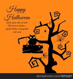 Happy Halloween Greeting Card. Elegant Design With Gothic Tree, Timber, Owl, Webs and Spiders Over Orange Background. Vector illustration.