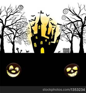 Happy Halloween Greeting Card. Elegant Design With Pumpkin, Moon, Tree, Grave, Castle, Spooky and Cats Over Grunge Dark Blue Starry Sky Background. Vector illustration.