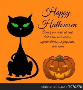 Happy Halloween Greeting Card. Elegant Design With Sitting Cat With Green Eyes and Smiling Pumpkin Over Orange Background. Vector illustration.