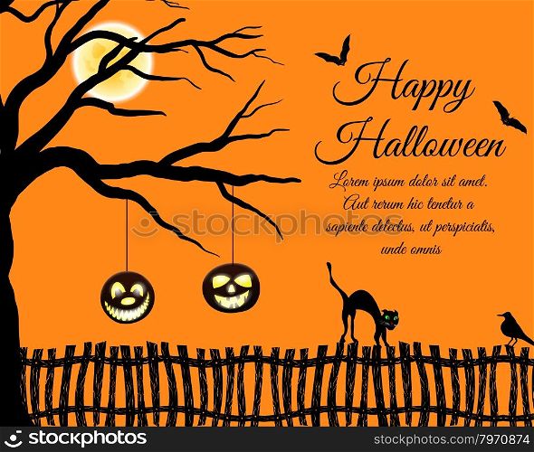 Happy Halloween Greeting Card. Elegant Design With Tree, Bats, Pumpkin, Cat Going on a Fence and Sitting Raven Over Grunge Orange. Vector illustration.
