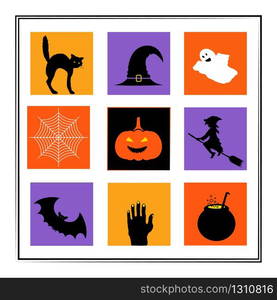 Happy Halloween greeting card or banner template. Silhouettes icons Vector illustration set. Halloween horror characters. Black Cat, witch hat, ghost, witch, bad, potion, pumpkin, zombie hand, spider web.. Happy Halloween greeting card or banner temlate. Silhouettes icons Vector illustration set.