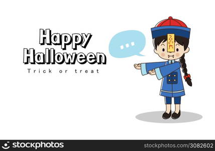Happy Halloween greeting card. Trick ot treat.Little cute boy in Chinese zombie ghost costume.
