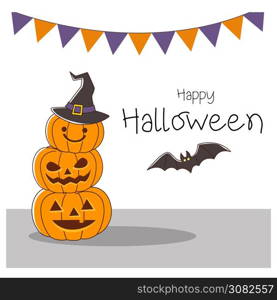 Happy Halloween Greeting card. triple carved pumpkin in witch hat and flying bat.