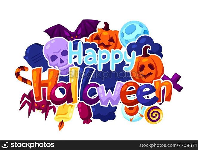 Happy Halloween greeting card with celebration items. Illustration or background for holiday and party.. Happy Halloween greeting card with celebration items. Illustration or background for party.