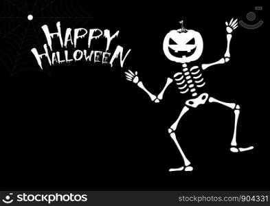 Happy Halloween greeting card with cute head pumpkin skeleton. Holidays cartoon character vector.