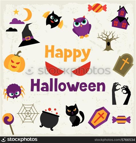 Happy halloween greeting card with flat icons.