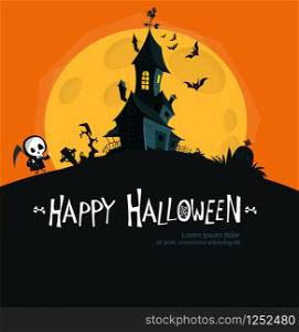 Happy halloween greeting card with haunted house, grim reaper and scary bats. Holidays party poster.