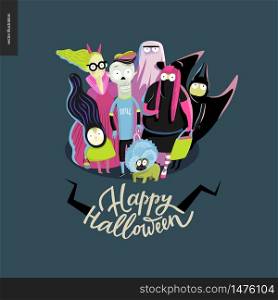 Happy Halloween greeting card with lettering. Vector cartoon illustrated group of kids wearing Halloween costumes and a french bulldog, scared by something.. Happy Halloween greeting card