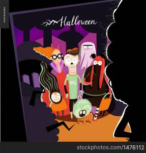Happy Halloween greeting card with lettering. Vector cartoon illustrated group of kids wearing Halloween costumes and a french bulldog, scared by old lady opened the door.. Happy Halloween greeting card