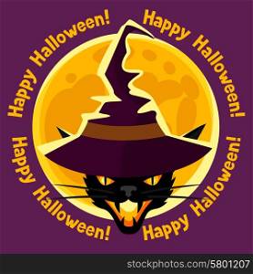 Happy halloween greeting card with moon and angry cat.. Happy halloween greeting card with moon and