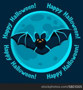 Happy halloween greeting card with moon and flying bat. Happy halloween greeting card with moon and flying bat.