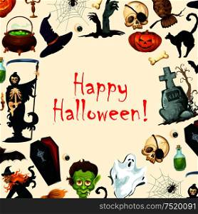 Happy Halloween greeting card with vector elements of halloween celebration symbols. Pirate skull, coffin, pumpkin lantern, witch flying on broom, zombie hand from grave. Decorative design for greeting banner, poster, placard. Happy Halloween greeting card