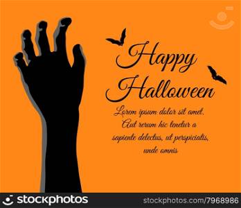 Happy Halloween Greeting (Invitation) Card. Elegant Design With Rising Zombie Hand and Bats Over Orange Background. Vector illustration.