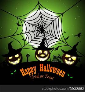 Happy Halloween Greeting (Invitation) Card. Elegant Design With Smiling Pumpkin in Front of Moon and Spider With Web Over Grunge Green Background. Vector illustration.
