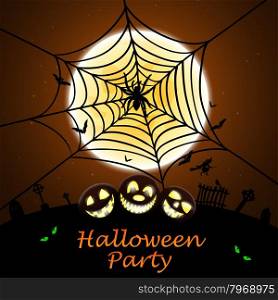 Happy Halloween Greeting (Invitation) Card. Elegant Design With Smiling Pumpkin in Front of Moon and Spider With Web Over Grunge Orange Background. Vector illustration.