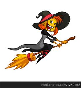 Happy Halloween. Halloween flying little witch. Girl kid in halloween costume