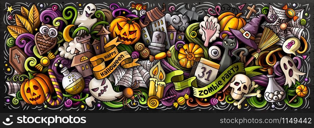 Happy Halloween hand drawn cartoon doodles illustration. Holiday funny objects and elements design. Creative art background. Colorful vector banner. Happy Halloween hand drawn cartoon doodles illustration.