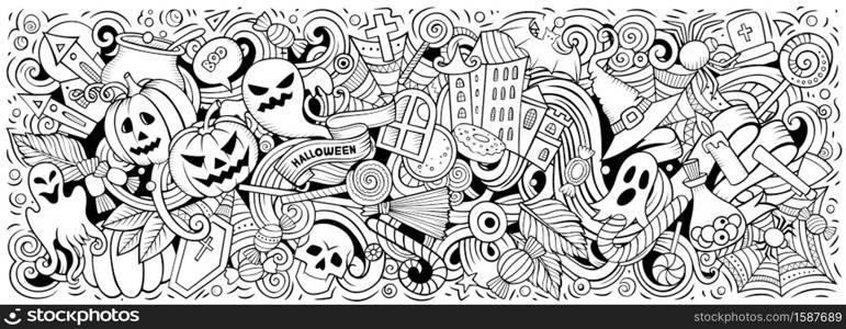 Happy Halloween hand drawn cartoon doodles illustration. Holiday funny objects and elements design. Creative art background. Sketchy vector banner. Happy Halloween hand drawn cartoon doodles illustration.