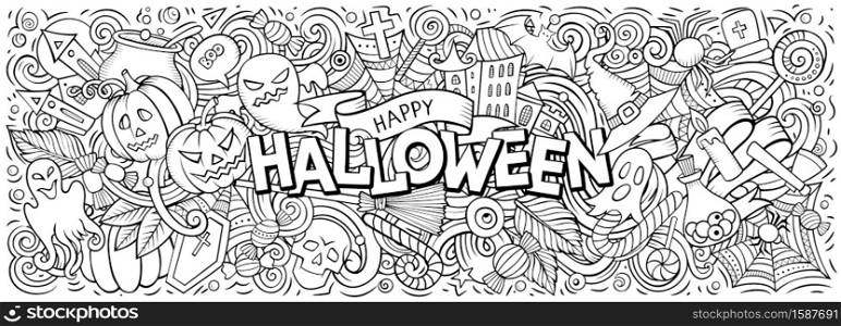 Happy Halloween hand drawn cartoon doodles illustration. Holiday funny objects and elements poster design. Creative art background. Colorful vector banner. Happy Halloween hand drawn cartoon doodles illustration.