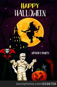 Happy Halloween holiday greeting banner with autumn horror party monster. Scary pumpkin lantern, witch and full moon, evil mummy, vampire and spooky castle festive card design. Halloween banner of horror party invitation design