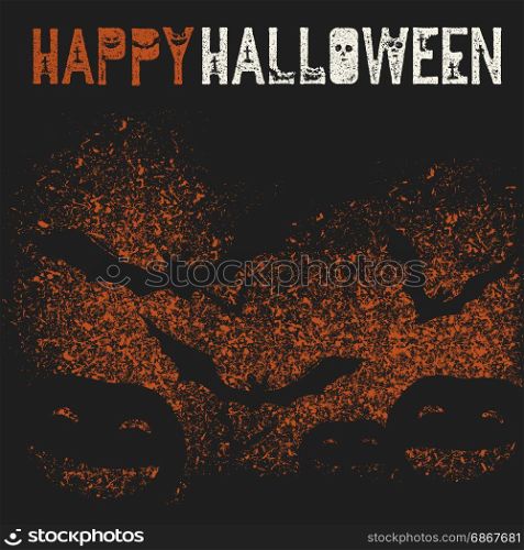Happy Halloween. Holiday logotype. Pumpkins and bats spray painted background.