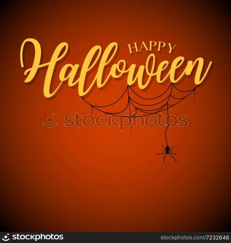 Happy Halloween lettering design. Holiday calligraphy with spider and web, isolated on dark background. For poster, banner, greeting card, invitation.