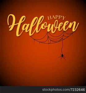 Happy Halloween lettering design. Holiday calligraphy with spider and web, isolated on dark background. For poster, banner, greeting card, invitation.