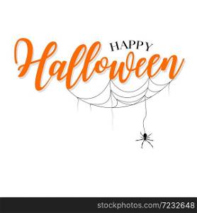 Happy Halloween lettering design. Holiday calligraphy with spider and web, isolated on white background. For poster, banner, greeting card, invitation.