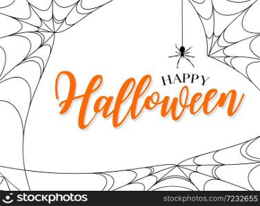 Happy Halloween lettering design. Holiday calligraphy with spider web, isolated on white background. For poster, banner, greeting card, invitation.