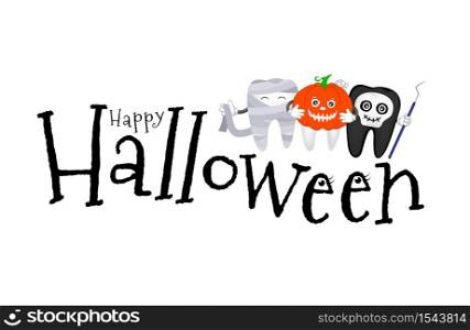 Happy Halloween lettering design. Vector illustration isolated on white background. Holiday calligraphy with cute cartoon tooth for banner, poster, greeting card, party invitation.