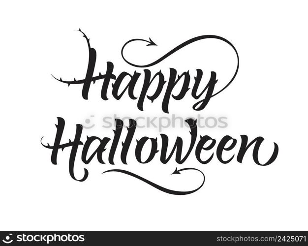 Happy Halloween lettering with spikes and curvy devils tails. Handwritten text, calligraphy. Can be used for greeting cards, posters, leaflets