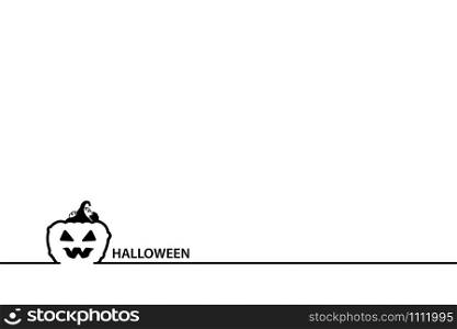 Happy Halloween line banner or poster with pumpkin and lettering on white for design holiday card, stock vector illustration