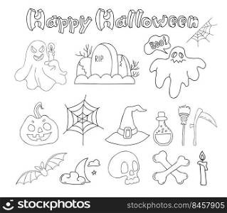 Happy Halloween. Linear hand drawn doodles Jack pumpkin, ghost, web, skull and crossbones, grave, bat, witch hat, scythe, broom and potion. Vector isolated outline elements for decor, design