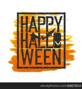 Happy Halloween Logotype. Grunge stamp letters and scary elements (bats, grave, pumpkin).