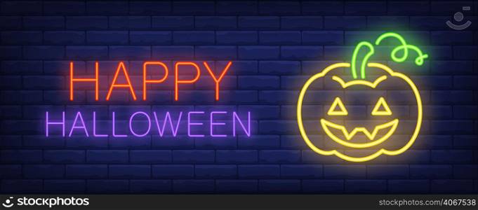 Happy Halloween neon style banner with Jack o lantern on brick wall. Bright neon wall sign. Can be used for invitation, poster, greeting card