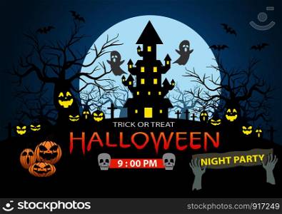 Happy Halloween night party holiday celebration on blue design poster vector illustration.