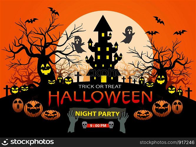 Happy Halloween night party holiday celebration on orange design poster vector illustration.