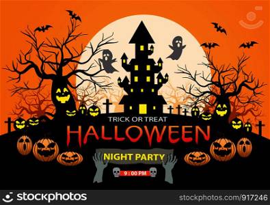 Happy Halloween night party holiday celebration on orange design poster vector illustration.
