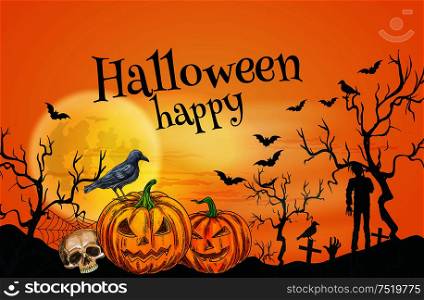 Happy Halloween orange greeting card template. Traditional october celebration decoration banner, poster with vector Halloween symbols of pumpkin lantern, skull, undead zombie walking on cemetery. Happy Halloween orange greeting card template