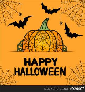 Happy Halloween orange greeting card with pumpkin, web, spiders and bats, stock vector illustration