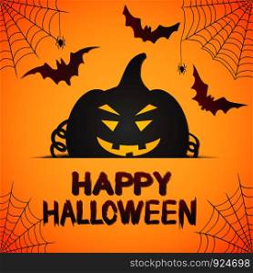 Happy Halloween orange greeting card with pumpkin, web, spiders and bats, stock vector illustration