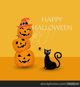 Happy Halloween party. Black cats and stacked pumpkins wear a witch hat. with spiders, use web spider hangs from the text above. Flat design Orange background. illustration vector Cute cartoon.