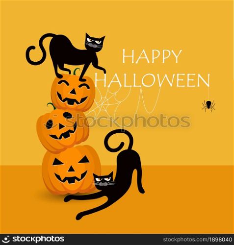Happy Halloween party. Black cats and stacked pumpkins, with spiders, use web spider hangs from the text above. Cute cartoon character. Flat design Orange background. illustration vector cartoon.