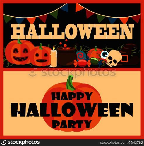 Happy halloween party collection of posters with items such as candies, candle and skull, pumpkins and pot, flags above vector illustration. Happy Halloween Party Items Vector Illustration