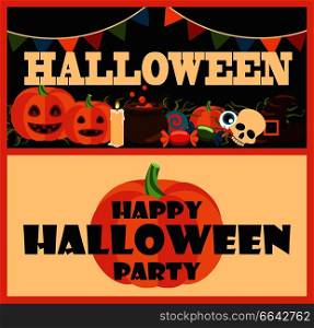 Happy halloween party collection of posters with items such as candies, candle and skull, pumpkins and pot, flags above vector illustration. Happy Halloween Party Items Vector Illustration