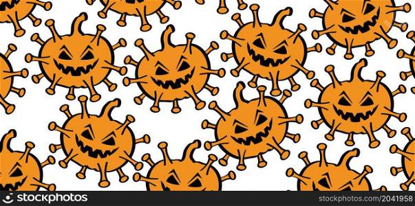 Happy halloween party, october fest. Cartoon drawing pumpkins. Scary Halloween and coronavirus Covid-19 icon. Angry pumpkin pictogram. Flat vector banner.