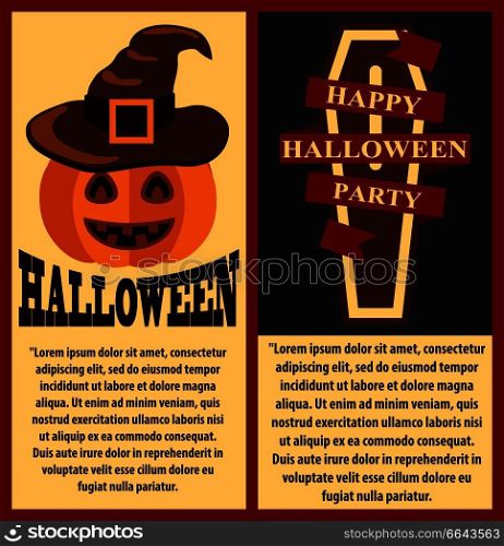 Happy Halloween party poster collection with text sample and images of pumpkin with hat and coffin with ribbon and title vector illustration. Happy Halloween PostersSet Vector Illustration